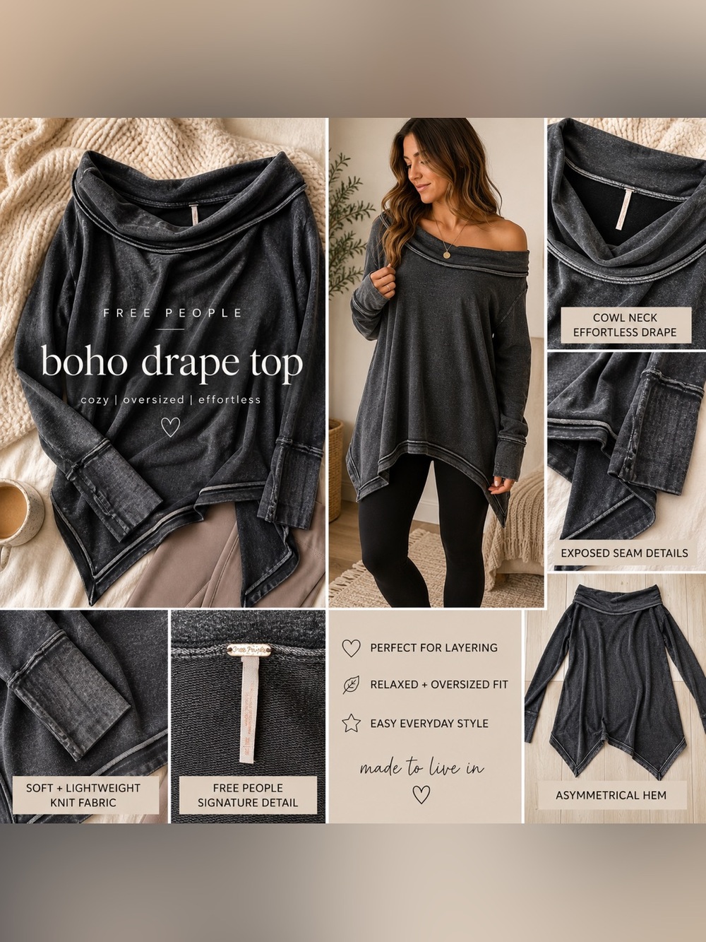 Free People Oversized Drapey Cowl Neck Top Asymmetrical Hem Exposed Seam Boho